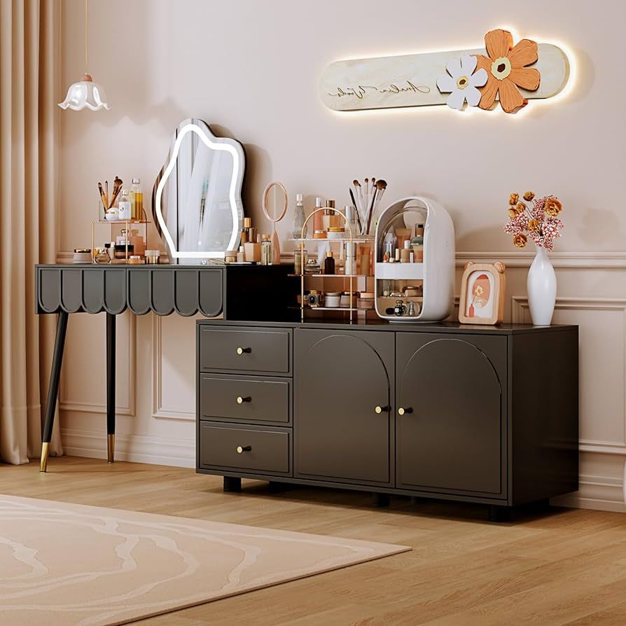 sbdmirau Vanity Desk,Retractable Makeup,with Lights Mirror and 5 Spacious Drawers,with Cabinet,wi... | Amazon (US)