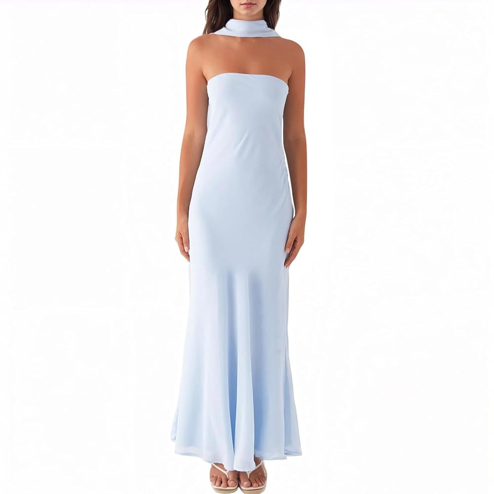 Women Floral Tube Maxi Dress with Scarf Summer Strapless Tube Bodycon Mesh Layer Cocktail Party W... | Amazon (US)