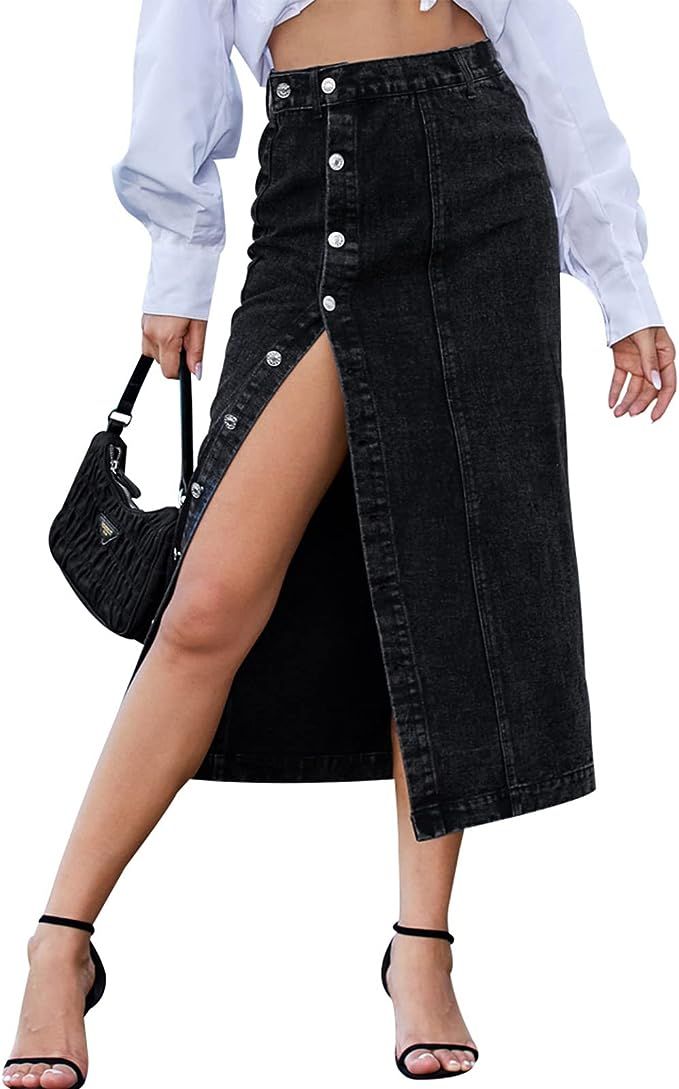 Womens Casual Slit Denim Midi Jean Skirt Stretch High Waist Frayed Blue Jean Skirt with Pockets | Amazon (US)