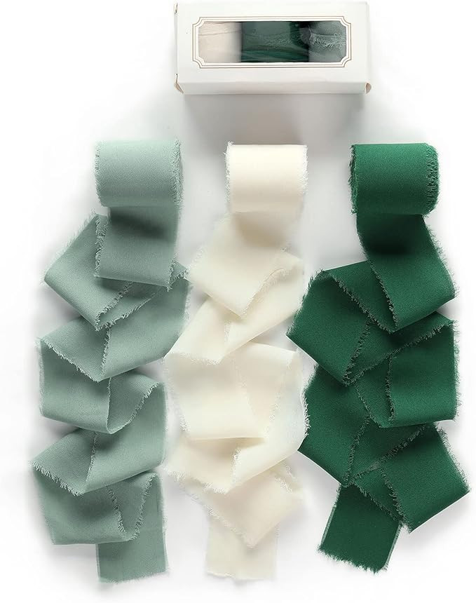 Pretty Jolly Green White Ribbon for Gift Wrapping 3 Rolls 2 Inch x 7Yd Silk Ribbons Handmade Frin... | Amazon (US)