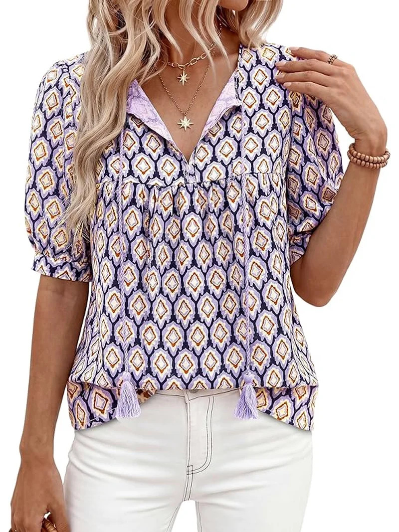 PRETTYGARDEN Womens Summer Boho Tops Vacation Outfits Casual Tie Front V Neck Peasant Blouses Puf... | Walmart (US)