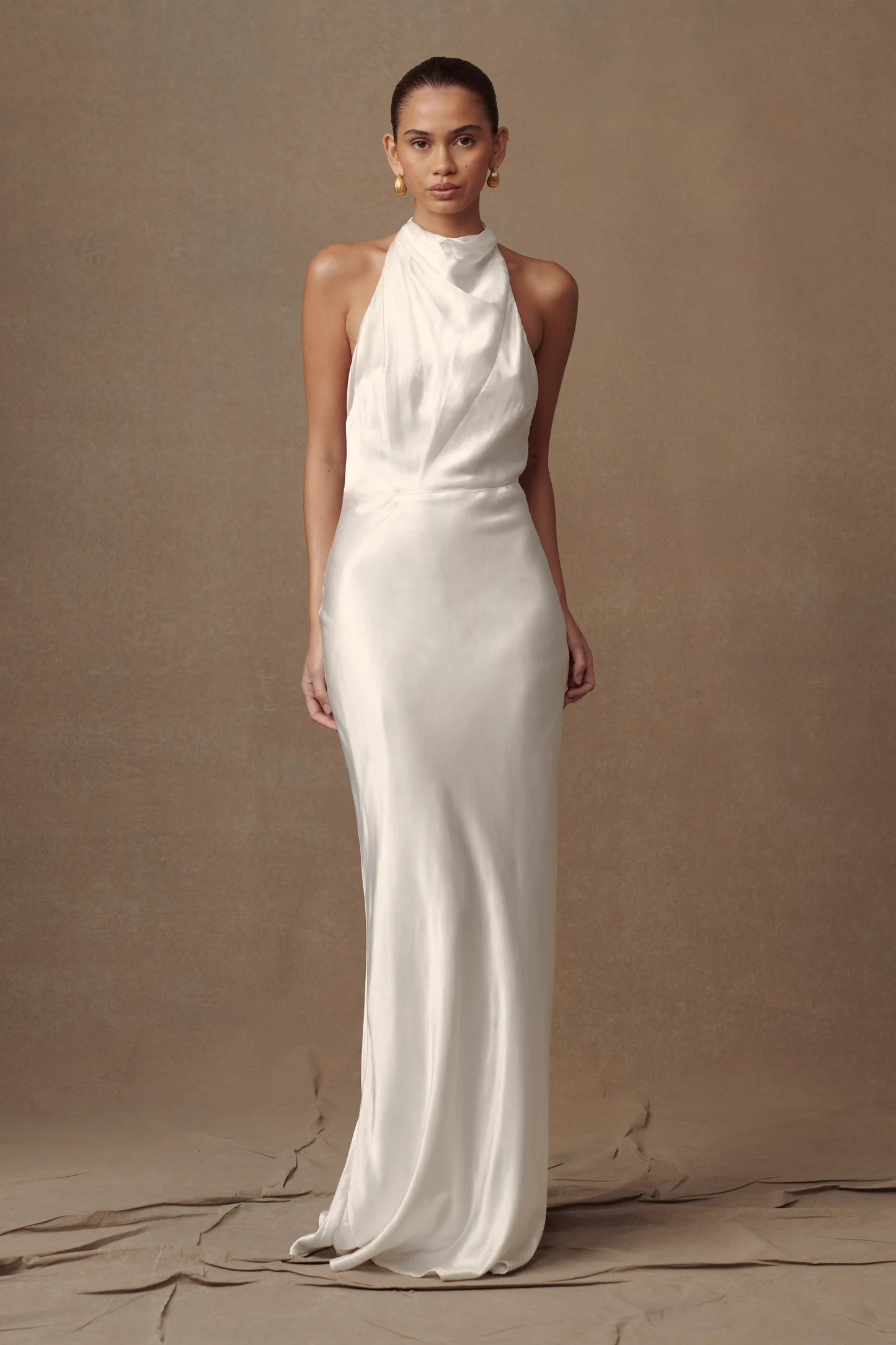Iridescent Satin Cowl Maxi Dress - Ivory | MESHKI US