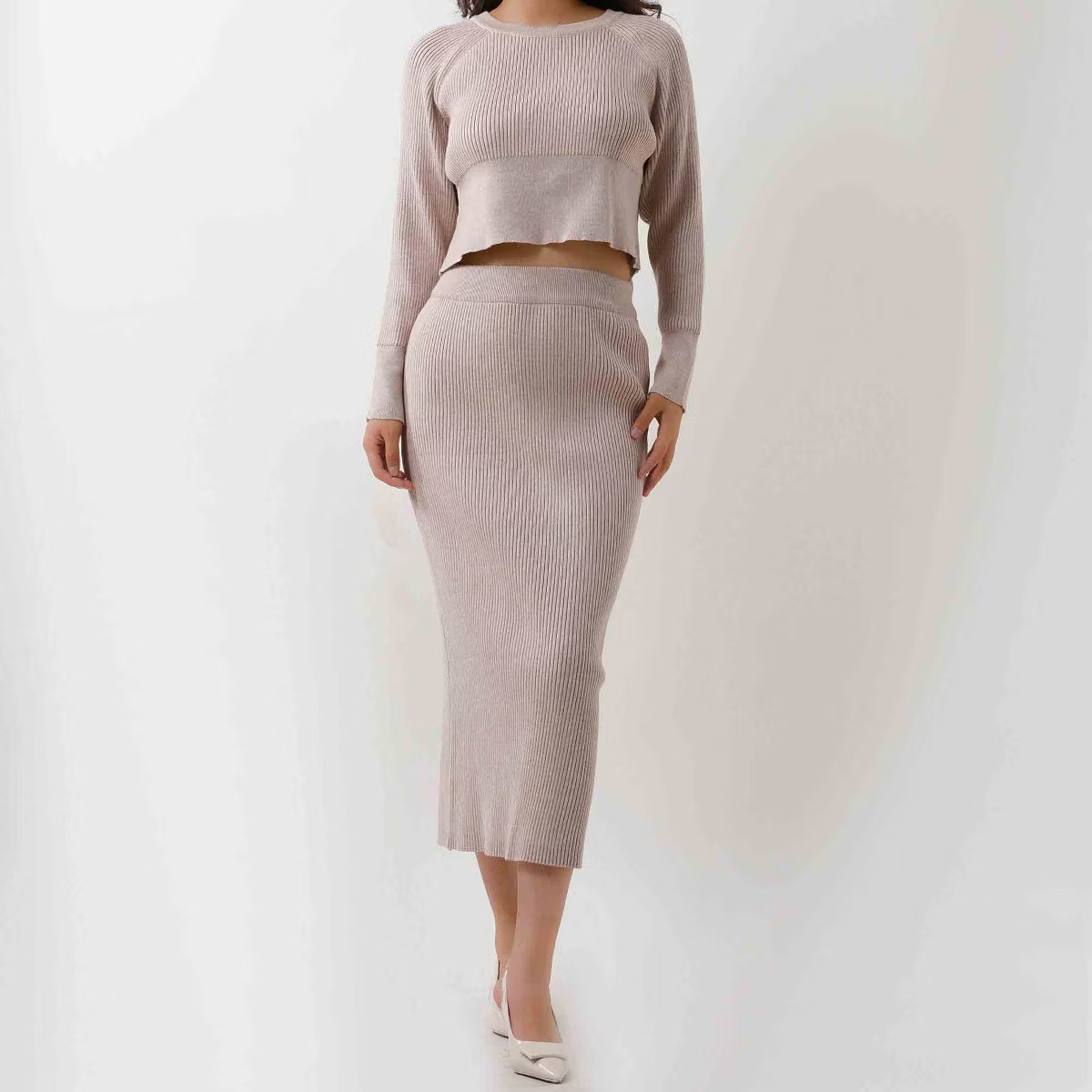 Women's Sweater Set - Stretch Knit Top & Back-Slit Midi Skirt Matching Set Cherie Code Khaki S | Target
