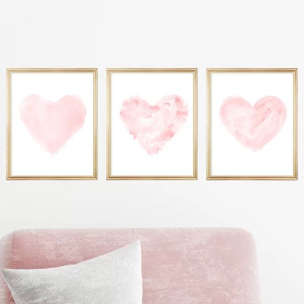 Romantic Watercolor Heart Prints, 3- Piece Set Paper Print (Set of 3) | Wayfair Professional