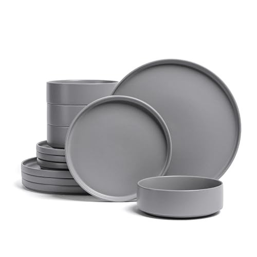 over&back 12-Piece Stackable Dinnerware Dish Set - Stoneware Dishes - Includes 4 Dinner Plates, 4 Salad Plates, 4 Cereal Bowls, and 4 Dinner Bowls - All-Occasion Place Settings - Semi-Matte Charcoal | Amazon (US)