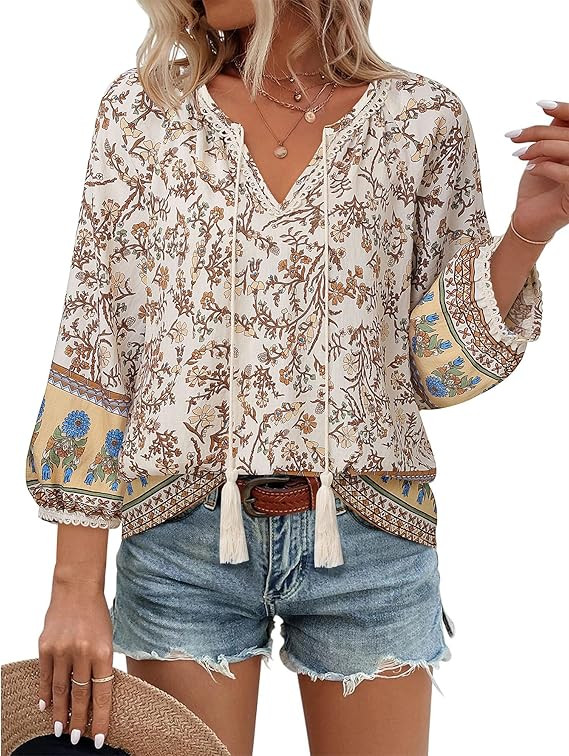 Vivilli Womens Boho Tops Casual V Neck 3/4 Sleeve Blouses Floral Print Shirt Tie Front Flowy Vaca... | Amazon (US)