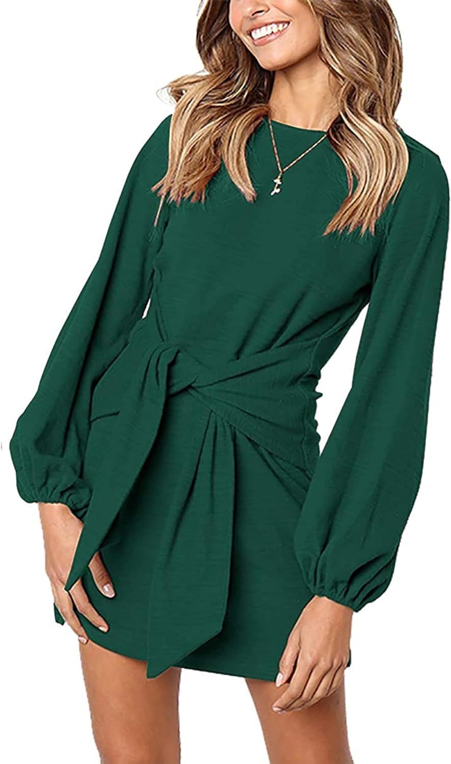 PRETTYGARDEN Women's Elegant Long Lantern Sleeve Short Dress Crewneck Tie Waist Knit Cocktail Dre... | Amazon (US)