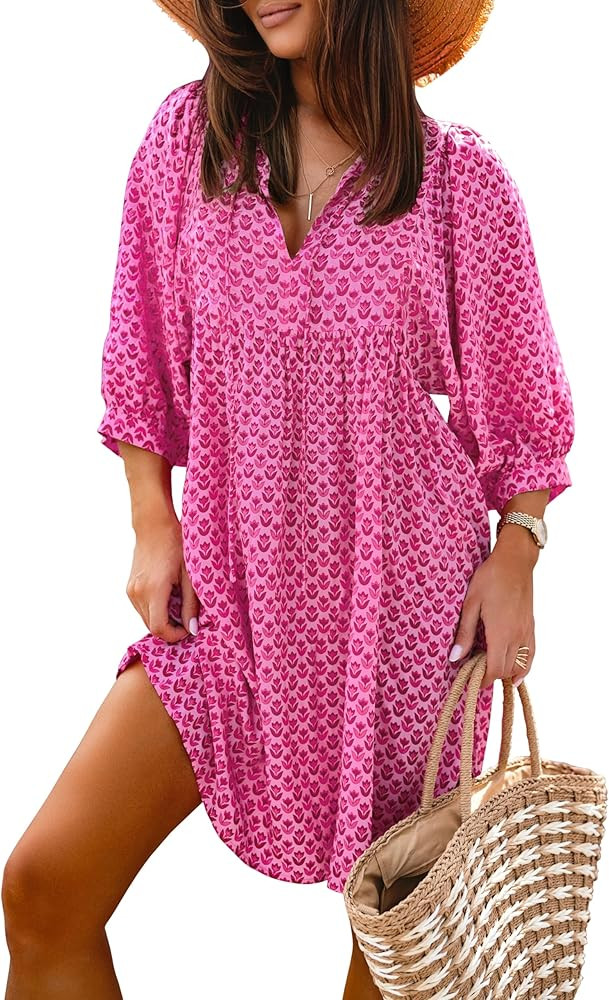 miduo Womens Casual V Neck Summer Half Sleeve Bohemian Floral Mini Tunic Short Dresses | Amazon (US)