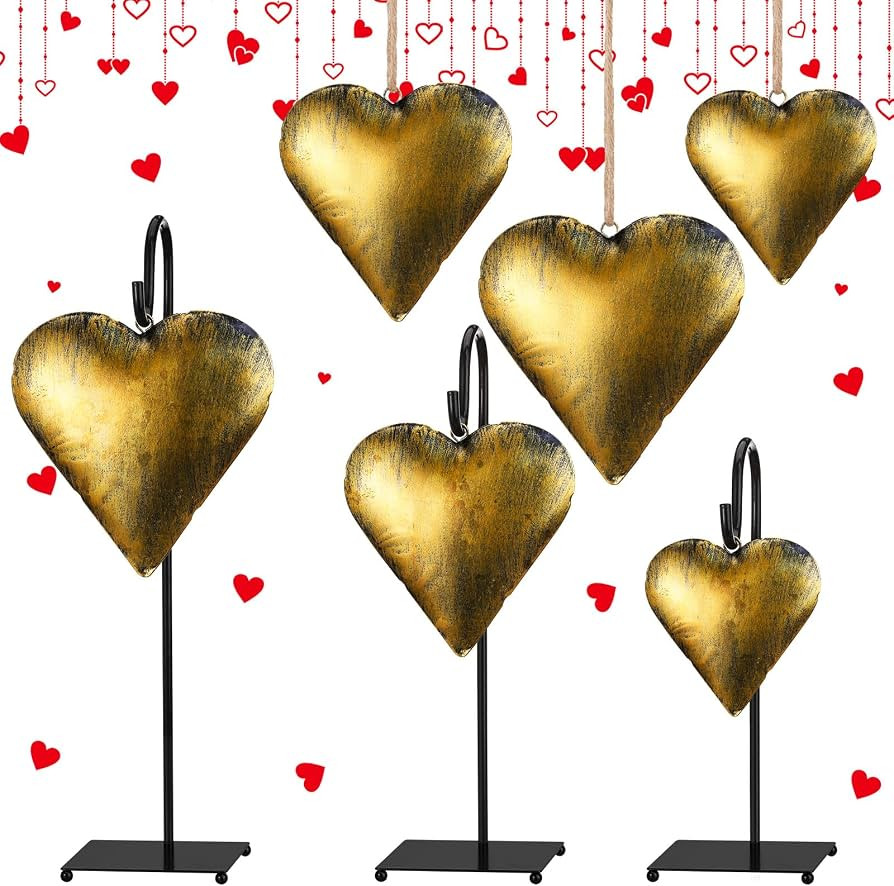 Valentines Vintage Rustic Cow Bells with Metal Stands Giant Vintage Metal Heart Shape Bells Farmh... | Amazon (US)