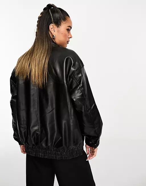 ASOS DESIGN faux leather bomber jacket with collar in black | ASOS (Global)