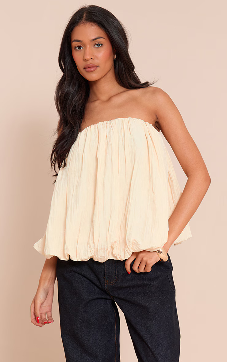 Tall Butter Cream Matte Satin Plisse Puffball Bandeau | PrettyLittleThing US