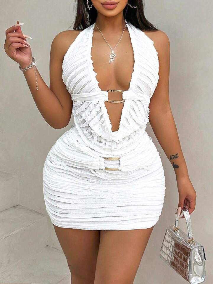 Sirith Women's Solid Color Halter Neck Hollow Out Backless Crop Top & Skirt Set | SHEIN