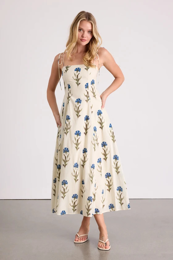 Syros Cream Floral Tie-Strap Midi Dress | Lulus