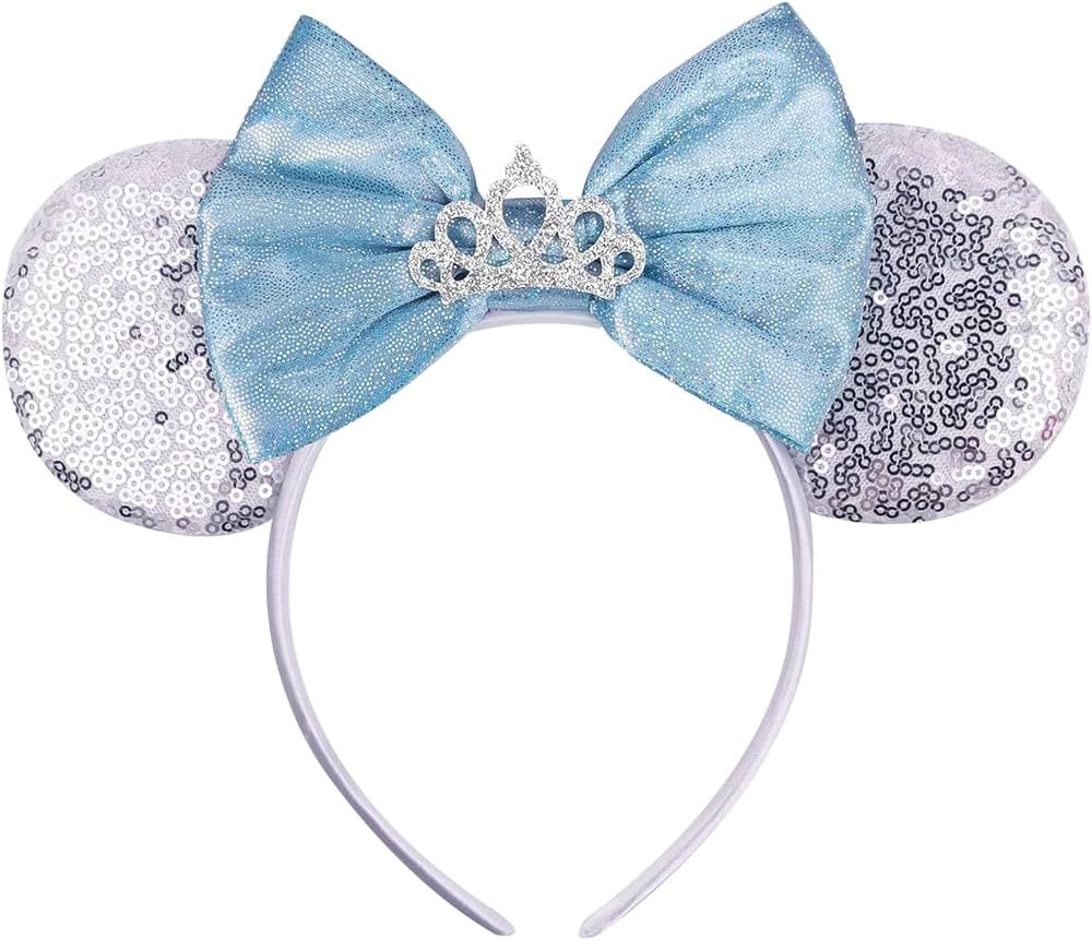 Silver Cinderella Minnie Ears Bow Headbands, Sequin Mouse Ears Headband Glitter Party Princess Pa... | Amazon (US)