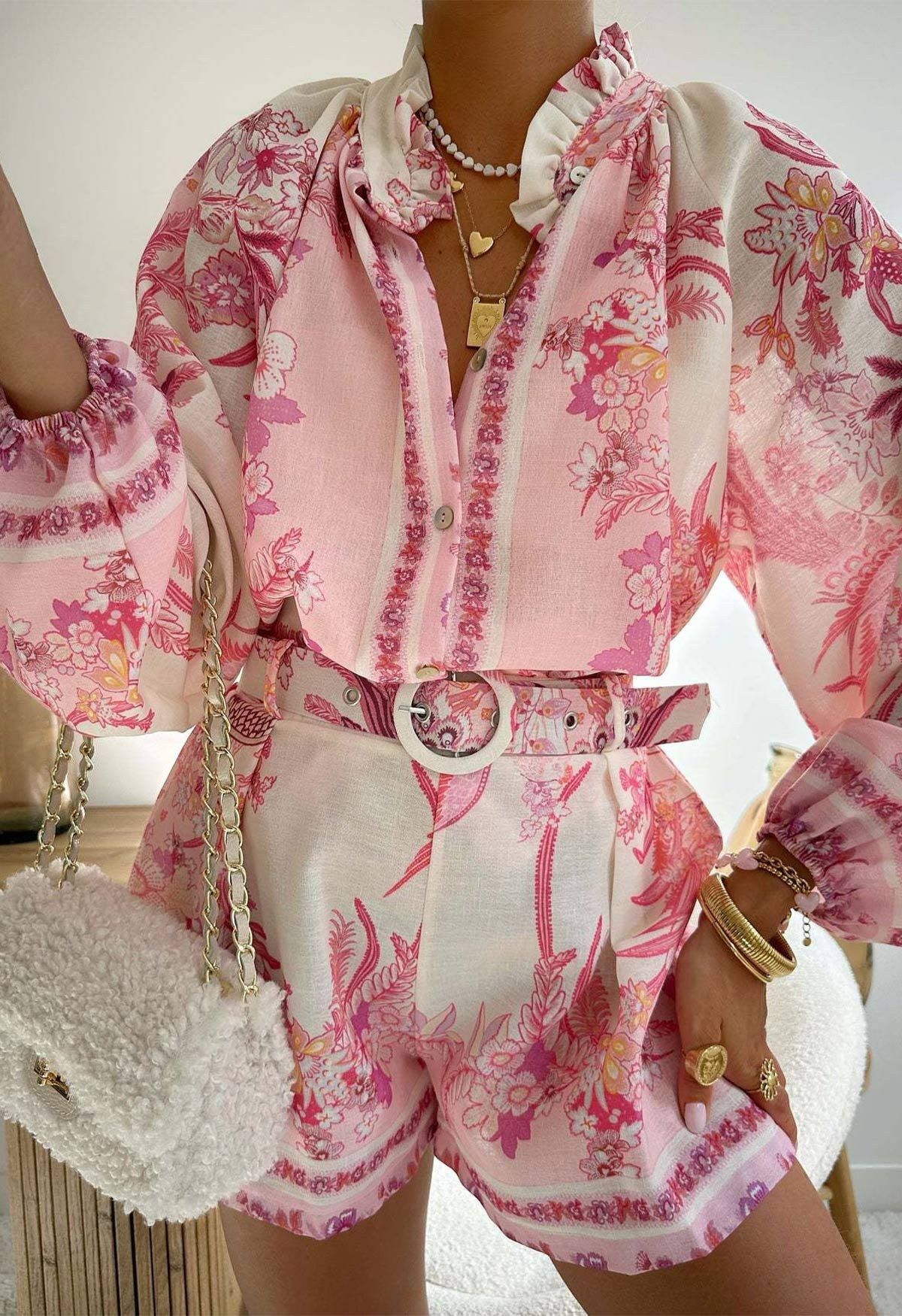 Boho Floral Puff Sleeve Top and Belted Shorts Set in Pink for Vacation & Weekend Brunch | Chicwish