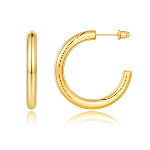 Chunky Gold Hoop Earrings for Women, 14K Gold Plated Hoop Earrings for Women Girls Lightweight Gold Earrings for Women Thick Open Hoops 40mm Large Gold Hoop Earrings for Women Trendy Jewelry Gifts | Amazon (US)