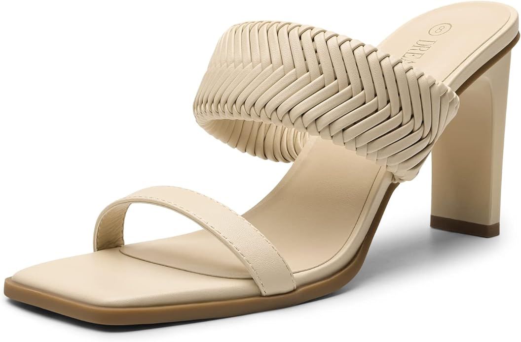 DREAM PAIRS Women's Square Toe Heels for Women Braided Open Toe Two Strap Slip on Heels Chunky Mu... | Amazon (US)