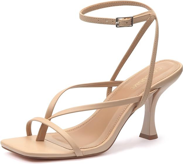 Carcuume Womens Kitten Heels Square Toe Thong Strappy Ankle Strap Stiletto Heel Sandals | Amazon (US)