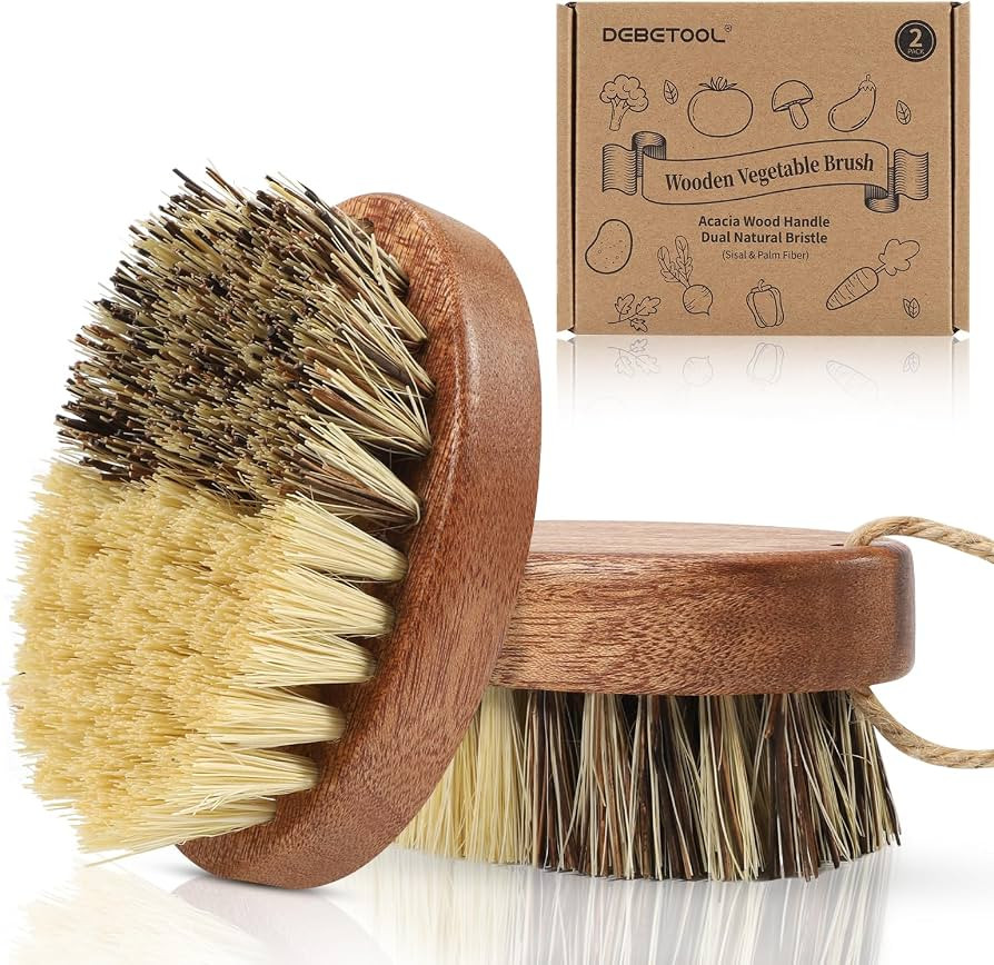 2 Pack Wooden Vegetable Brush for Food - Dual Bristle Potato Brush Scrubber with Hanging Rope | N... | Amazon (US)