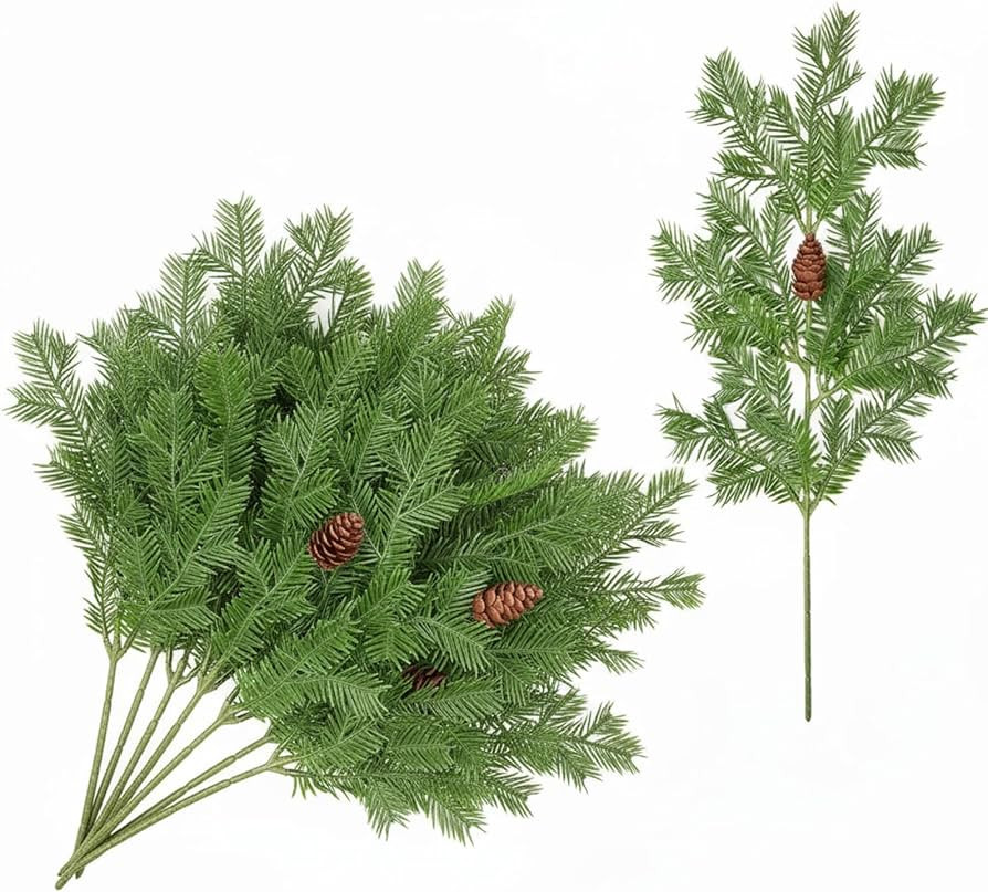 24 Pcs Artificial Pine Needles Branches 14'' x 7'' Large Christmas Fake Greenery Norfolk Pine Pic... | Amazon (US)