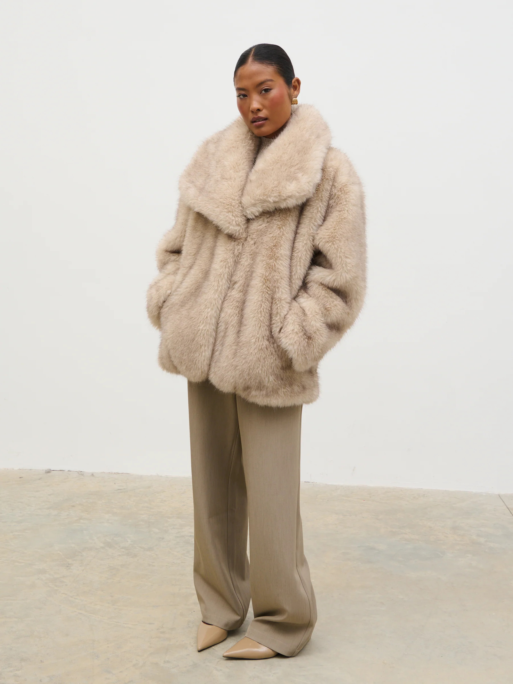 Agatha Short Faux Fur Coat - Beige Marl | Pretty Lavish (UK)
