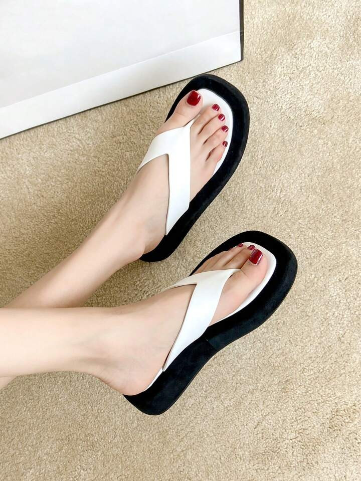 Minimalist Toe Post Thong Sandals, Ladies' Fashionable Color Block Flat Sandals With White Toe Se... | SHEIN