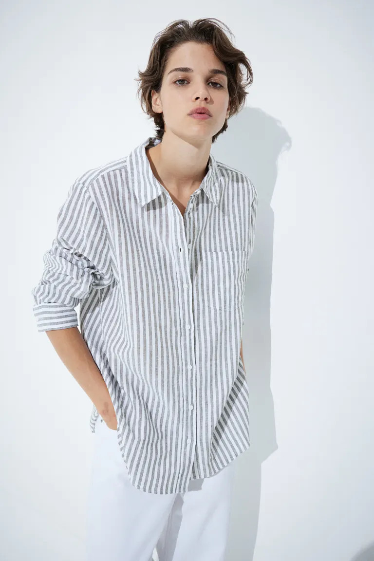 Linen-blend Shirt - Long sleeve - Regular length - Khaki green/striped - Ladies | H&M US | H&M (US + CA)