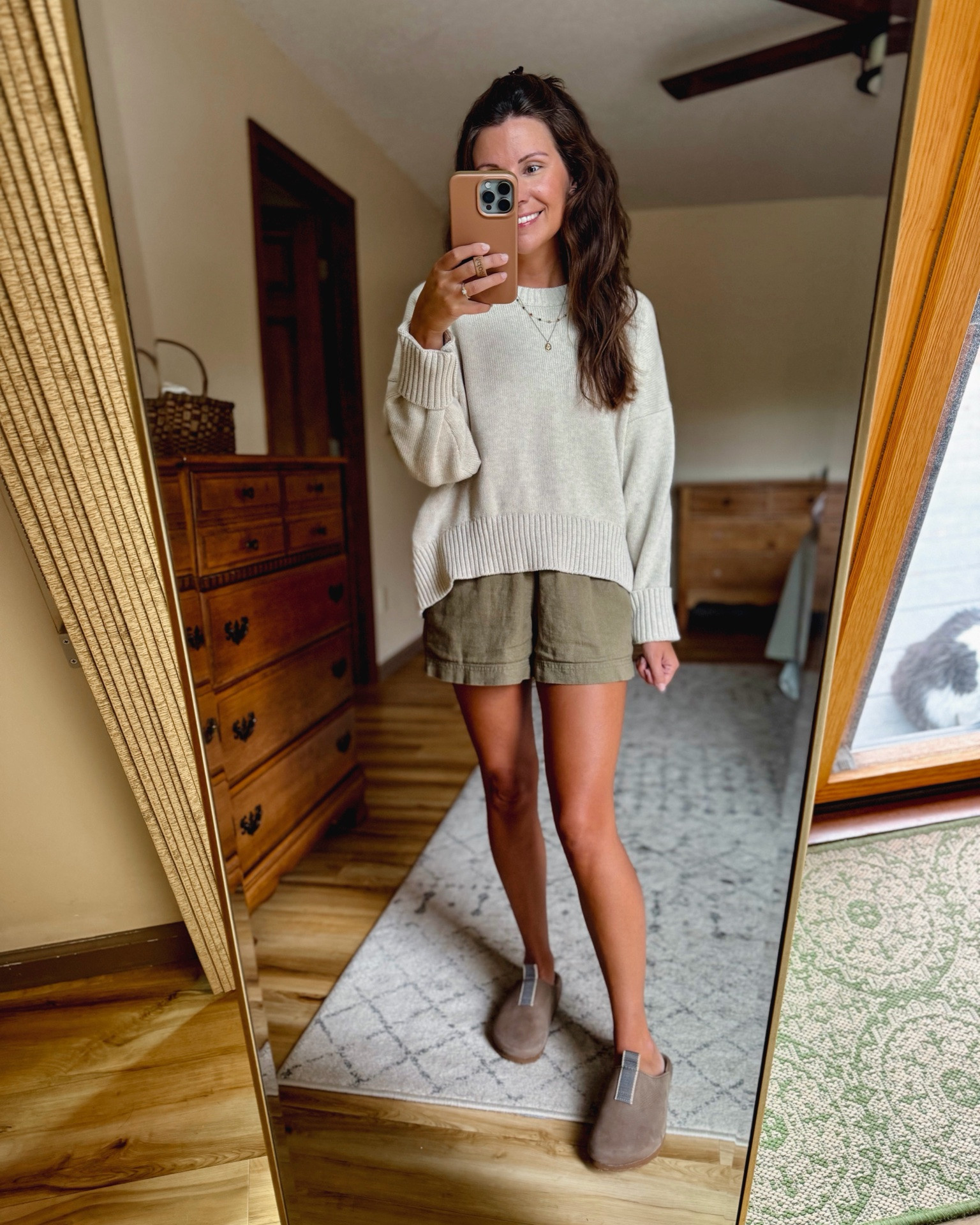 Wearing small in my sweater (speckled beige) and xxs in my linen shorts (I sized down bc they run big).

My clogs are size 6 and fit true to size
