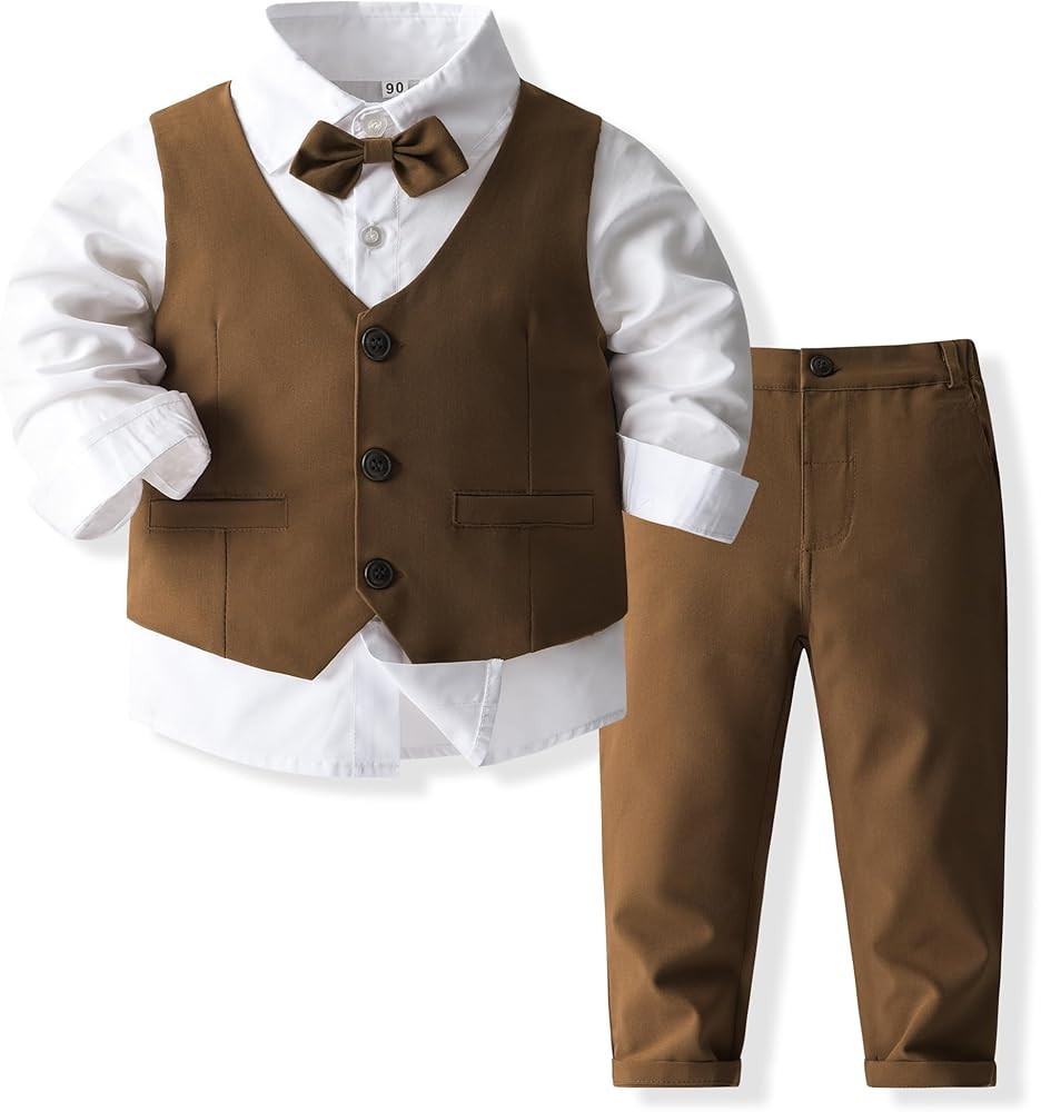 Boys 3Pcs Clothing Sets Cotton Long Sleeve Bowtie Shirts +Vest +Pants Casual Suit | Amazon (US)