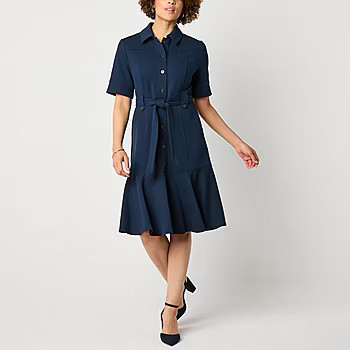 Liz Claiborne Womens Belted Short Sleeve Midi Shirt Dress | JCPenney
