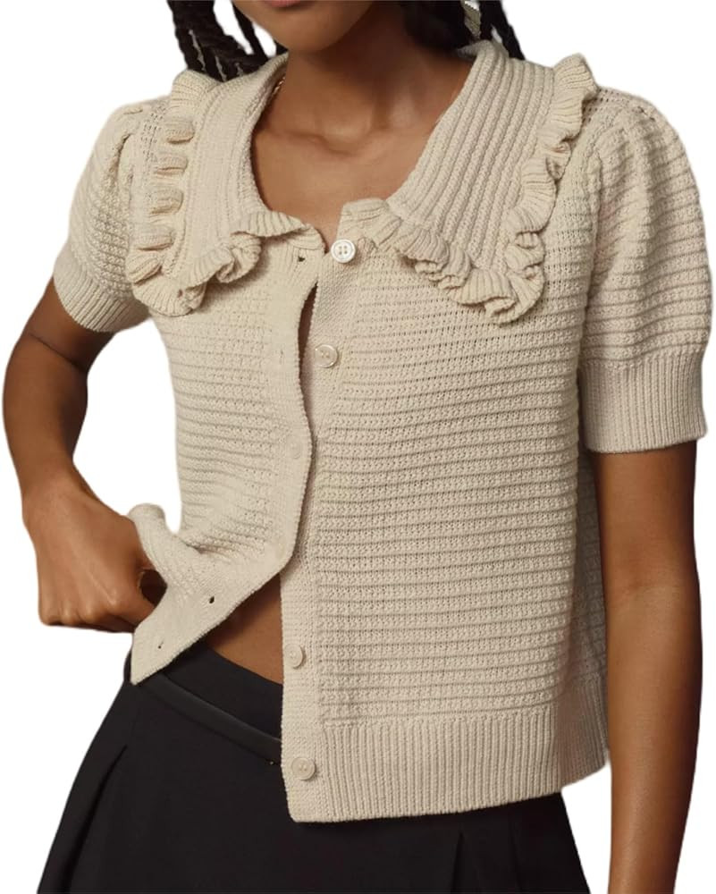 VAOYIU Women's Ruffle Collar Knit Cardigan Short Sleeve Button Down Sweater Top Vintage Cropped R... | Amazon (US)