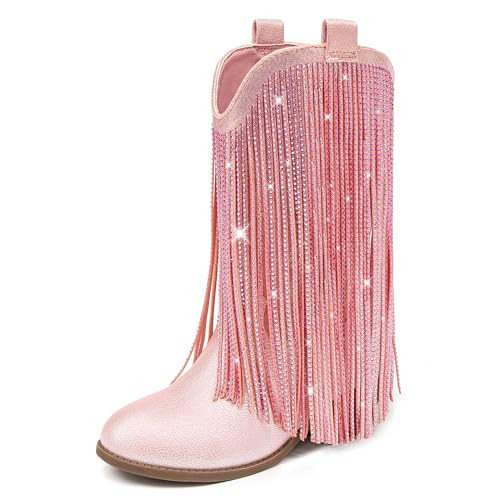 LAURMOSA Girls Cowboy Boots Size 1 Pink Cowgirl Boots for Girls Cow Girl Fringe Rhinestone Western Boot Big Kids Sparkly Tassel Mid Calf Pointed Toe Low Heel Party Birthday Dress Dance (L1056PUPink 1) | Amazon (US)