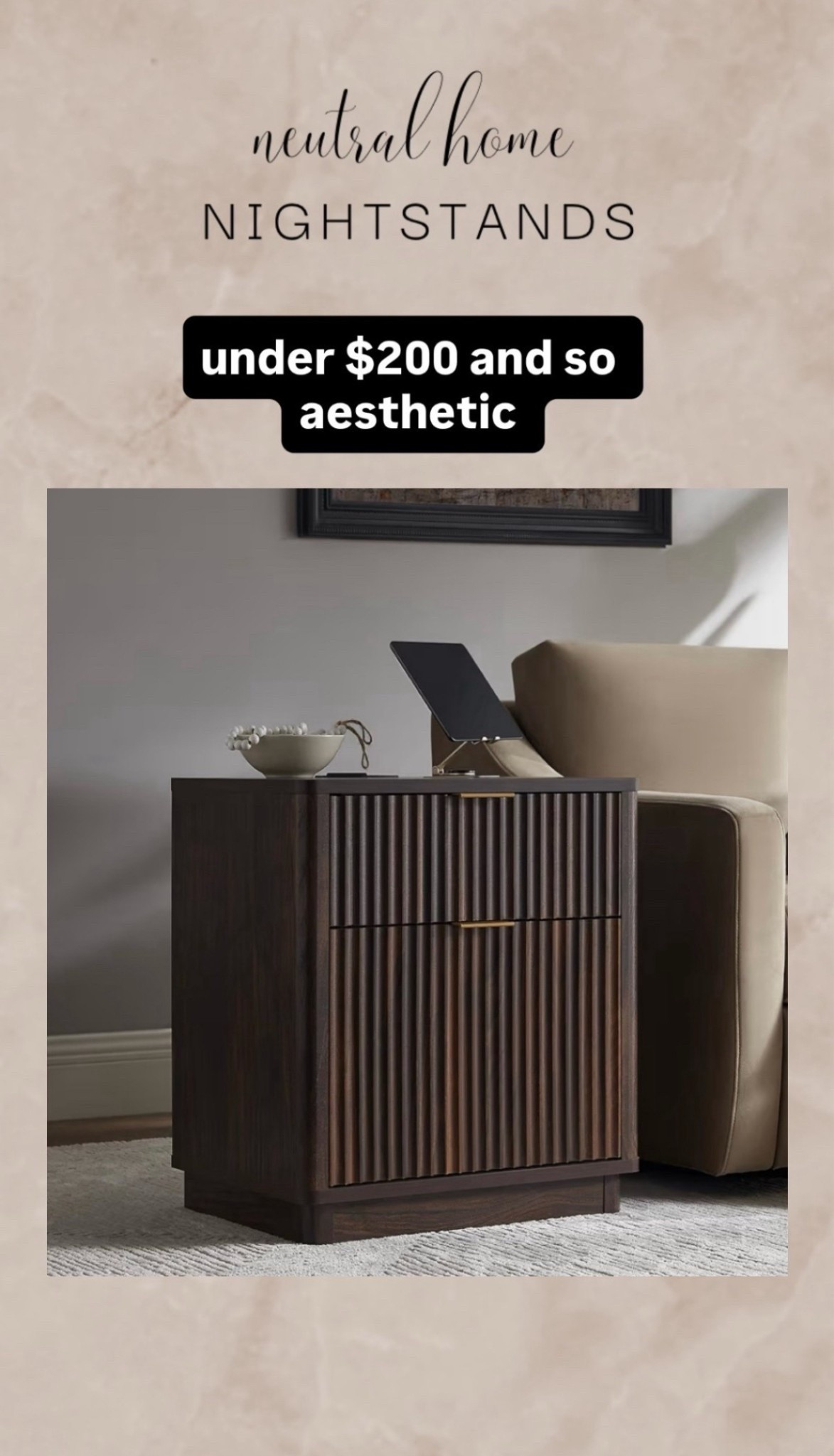 nightstand . 
aesthetic home decor.
neutral home. 
dark brown nightstands . 
fluted nightstands . 
#bedroomfurniture #bedroomrefresh #modernnightstands #nightstand 