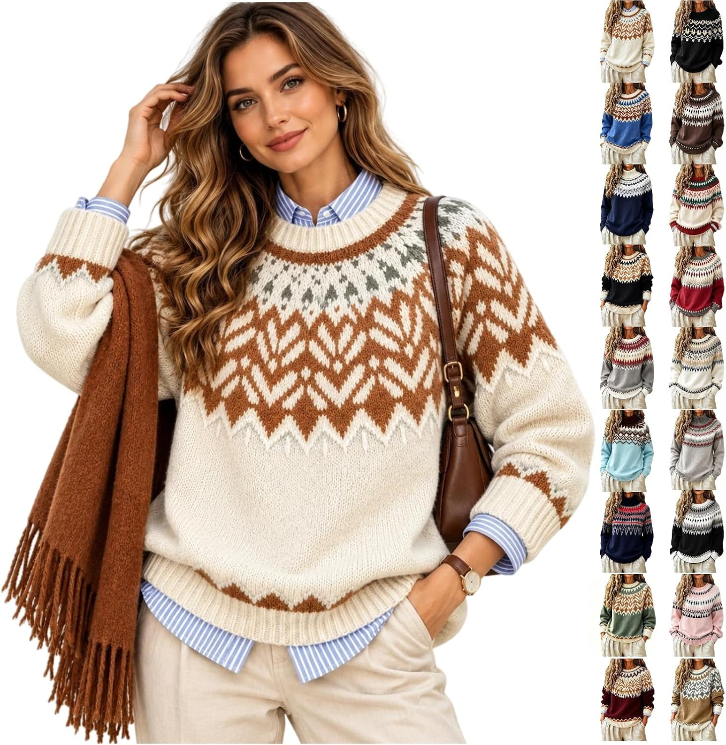 Fair Isle Sweater Women Vintage Crewneck Long Sleeve Pullover Tops 2026 Fall Winter Soft Casual Holiday Streewear | Amazon (US)