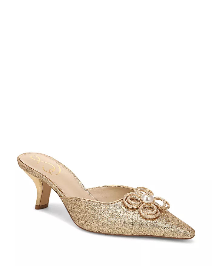 Women's Bianka Tour Pointed Toe Embellished Logo Flower Mid Heel Mules | Bloomingdale's (US)