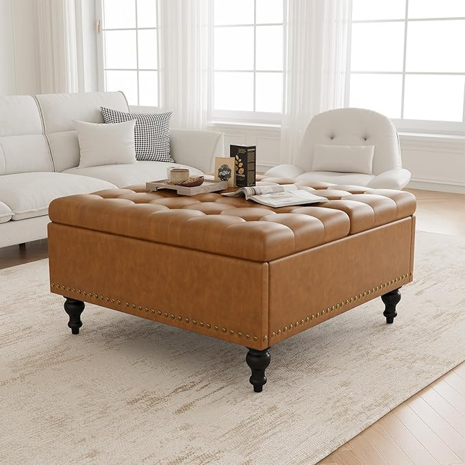 Square Leather Ottoman with Storage, Coffee Table Ottoman with Lift Top, Large Upholstered Footre... | Amazon (US)
