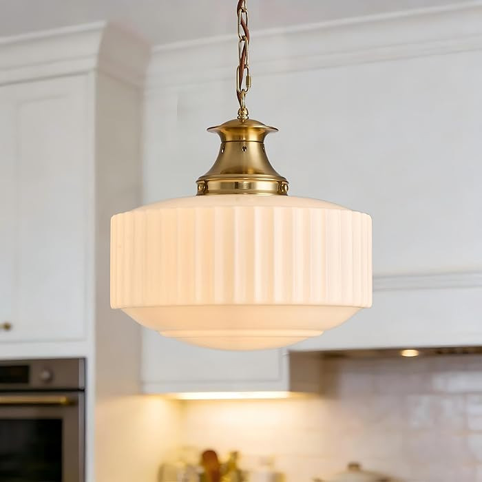 Vintage Ribbed Milk Glass Pendant Light Fixture with Brass Finish, Mid‑Century Modern Chandelie... | Amazon (US)
