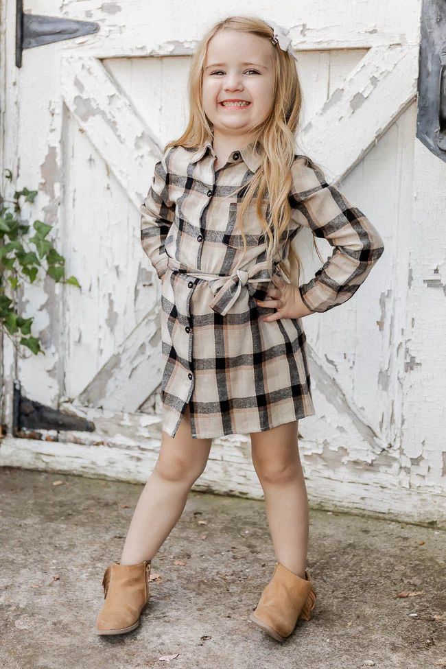 Out Of My Control Kids Tan Plaid Tie Waist Dress | Pink Lily