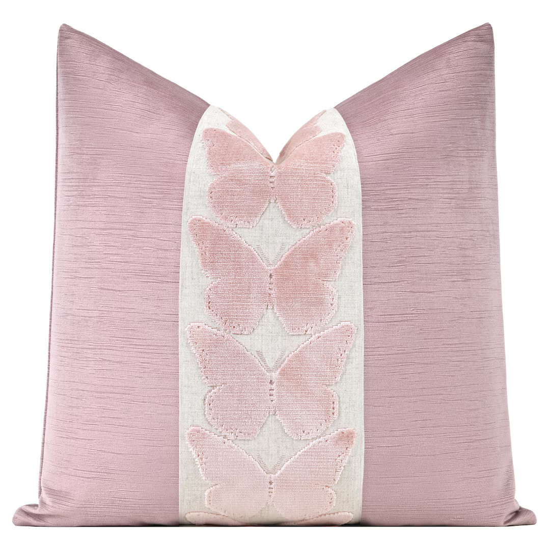 Striated Velvet Pillow Cover With Large Butterfly Trim | Woodrose Mauve Designer Throw Pillow Cov... | Etsy (US)