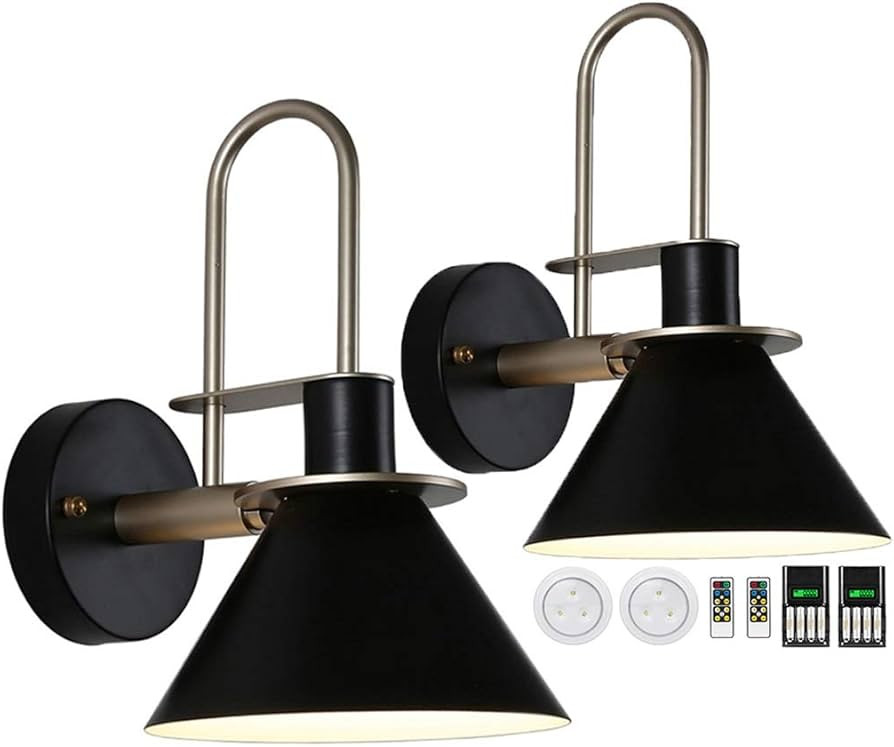 2-pack Wall Light Bedside Lamp,Led Remote Control Battery Operated Indoor Wireless Black Wall Sco... | Amazon (US)
