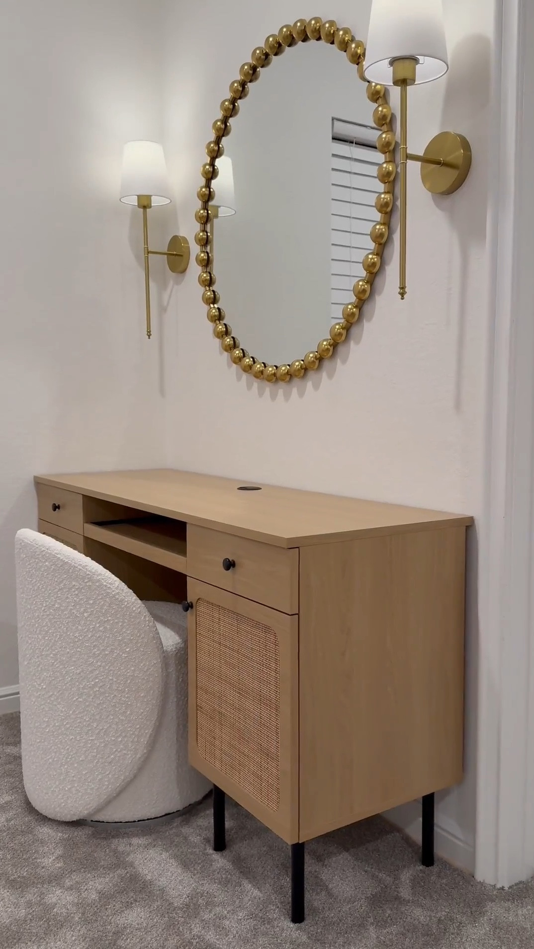We found it! 😊 - The perfect desk  for smaller spaces….🤎 

It measures 55.5 inches in width & the wall is 57 inches. The mirror is 36x36 inches & the sconces are battery operated making them convenient to place anywhere! 🎉 …. Excited to share the rest of the room as we put it together 😊

#LTKStyleTip #LTKSaleAlert #LTKHome