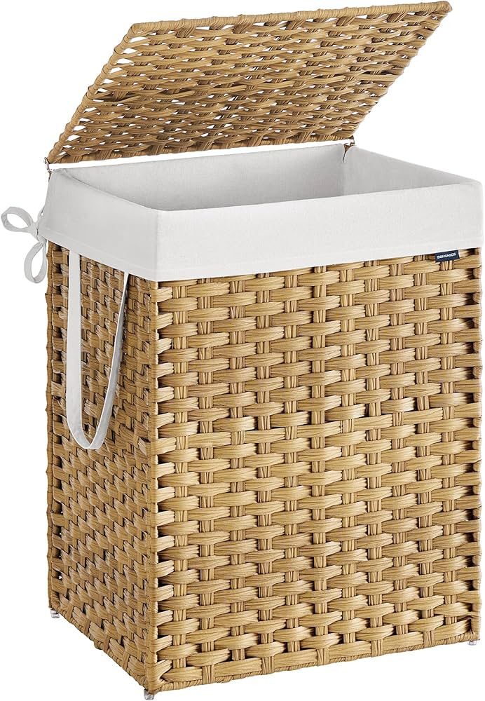 SONGMICS Laundry Basket, 110 L Synthetic Rattan Storage Basket with Lid and Handles, Wicker, Fold... | Amazon (UK)