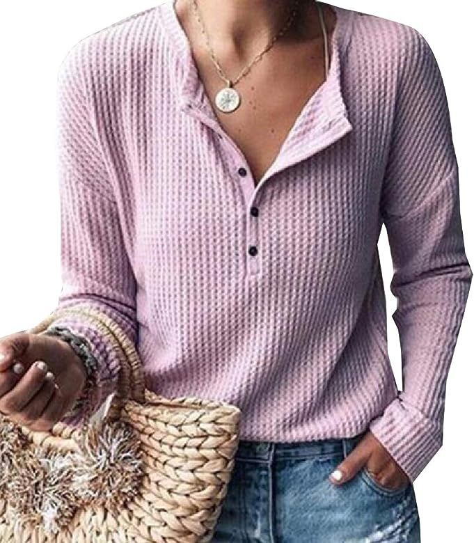 Women's Casual Waffle Knit Tunic Tops Long Sleeve Button Up V Neck Henley Shirts | Amazon (US)
