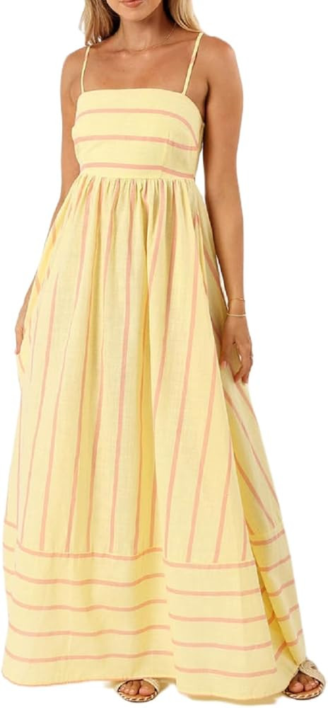 NUFIWI Women Summer Striped Maxi Dress Spaghetti Strap Cutout Ruffle Long Dress Flowy Swing Beach... | Amazon (US)