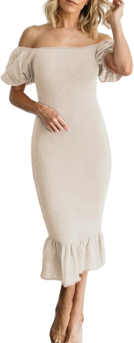 BerryGo Women's Smocked Bodycon Off Shoulder Puff Short Sleeve Mermaid Dress Ruffle Shirred Party Co | Amazon (US)