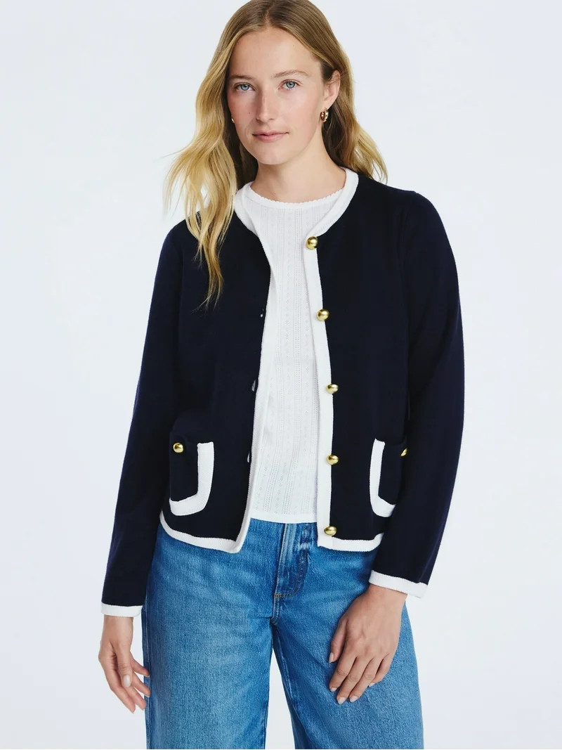 Free Assembly Women's Tipped Patch Pocket Cardigan Sweater, Lightweight, Sizes XS-XXL | Walmart (US)