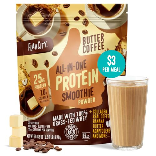 FlavCity All in One Protein Shake Powder, Butter Coffee - 55mg Caffeine + Collagen Peptides, Reishi & Cordyceps - Focus, Skin, Hair & Joint Support - 100% Grass Fed Whey, 20 Servings | Amazon (US)