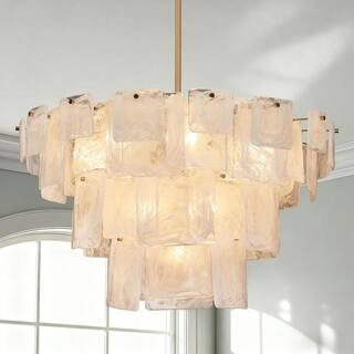 Modern Luxury 13-Light Plated Brass 4-Tiered Round Chandelier for Living Space with Rectangle Cloud Glass Shades | The Home Depot