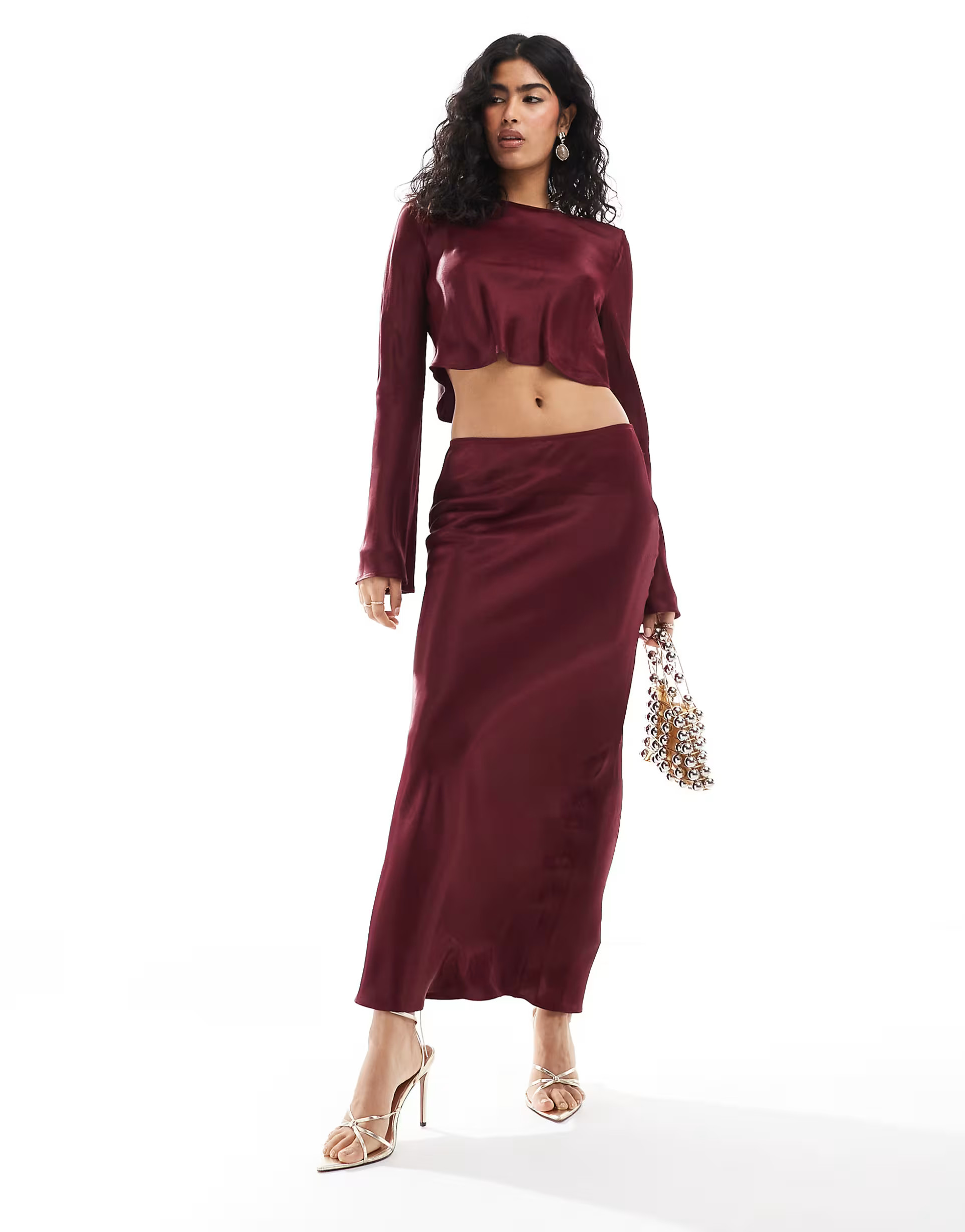 ASOS DESIGN satin bias maxi skirt in burgundy co ord | ASOS (Global)