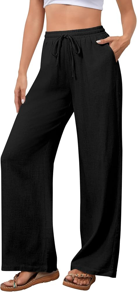 hellobaby Womens Cotton Linen Casual Palazzo Pants Drawstring Elastic Waist Wide Leg Trousers | Amazon (CA)